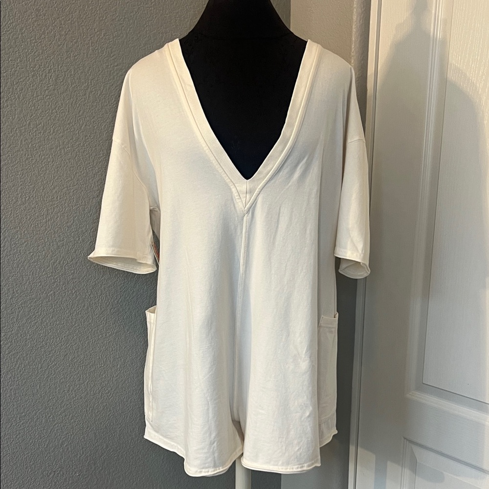 FP Movement by Free People Hot Shot T-Shirt Romper V-Neck Bleached Clay XS NEW - Picture 6 of 11